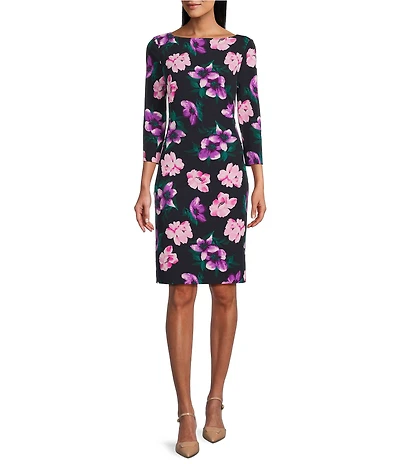 Investments Scuba Crepe Blue Floral Print 3/4 Sleeve Ballet Neck Sheath Dress