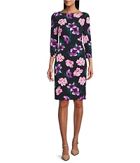 Investments Scuba Crepe Blue Floral Print 3/4 Sleeve Ballet Neck Sheath Dress
