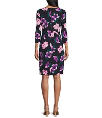 Investments Scuba Crepe Blue Floral Print 3/4 Sleeve Ballet Neck Sheath Dress