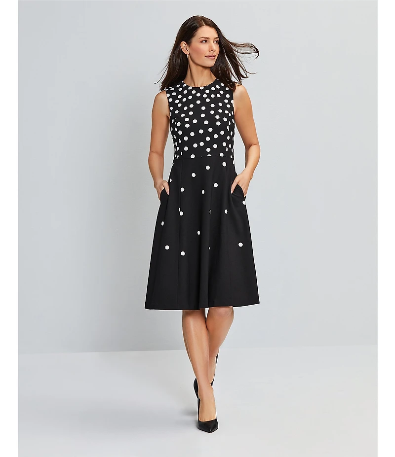 Investments Scuba Crepe Dotted Sleeveless Fit and Flare Dress