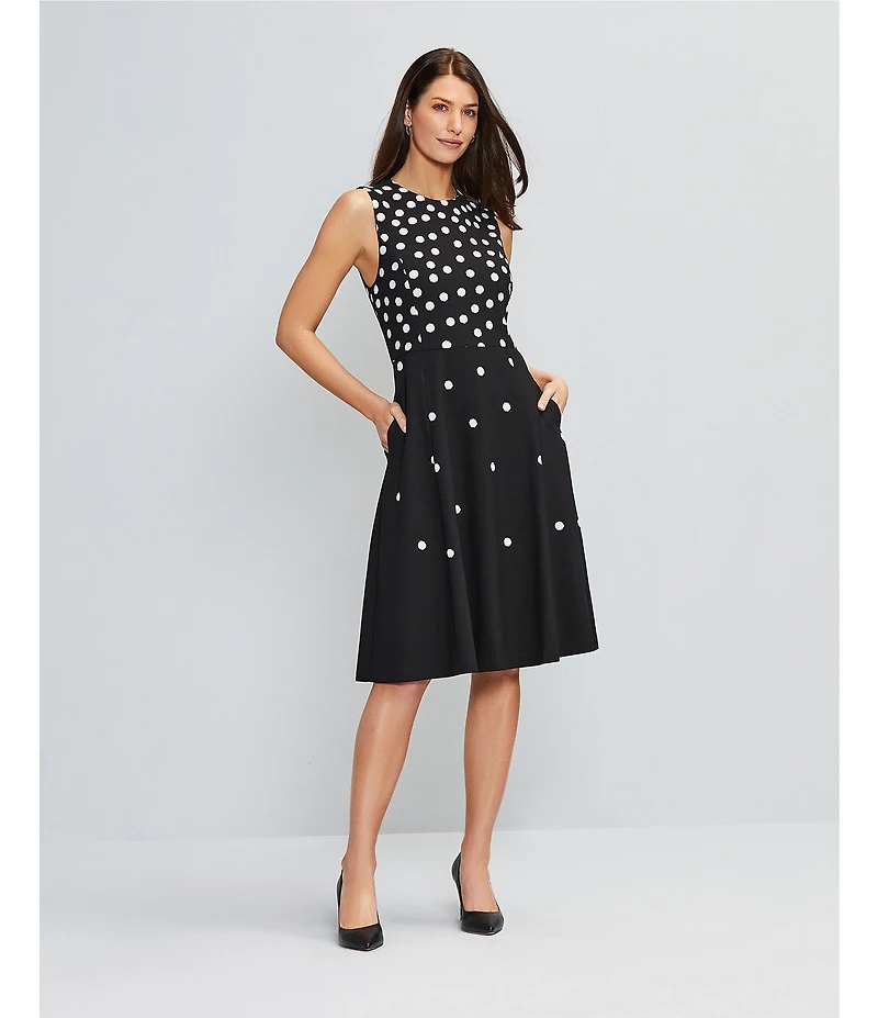 Investments Scuba Crepe Dotted Sleeveless Fit and Flare Dress
