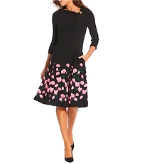 Investments Scuba Crepe Floral 3/4 Sleeve Asymmetrical Neck Fit and Flare Dress