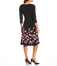 Investments Scuba Crepe Floral 3/4 Sleeve Asymmetrical Neck Fit and Flare Dress