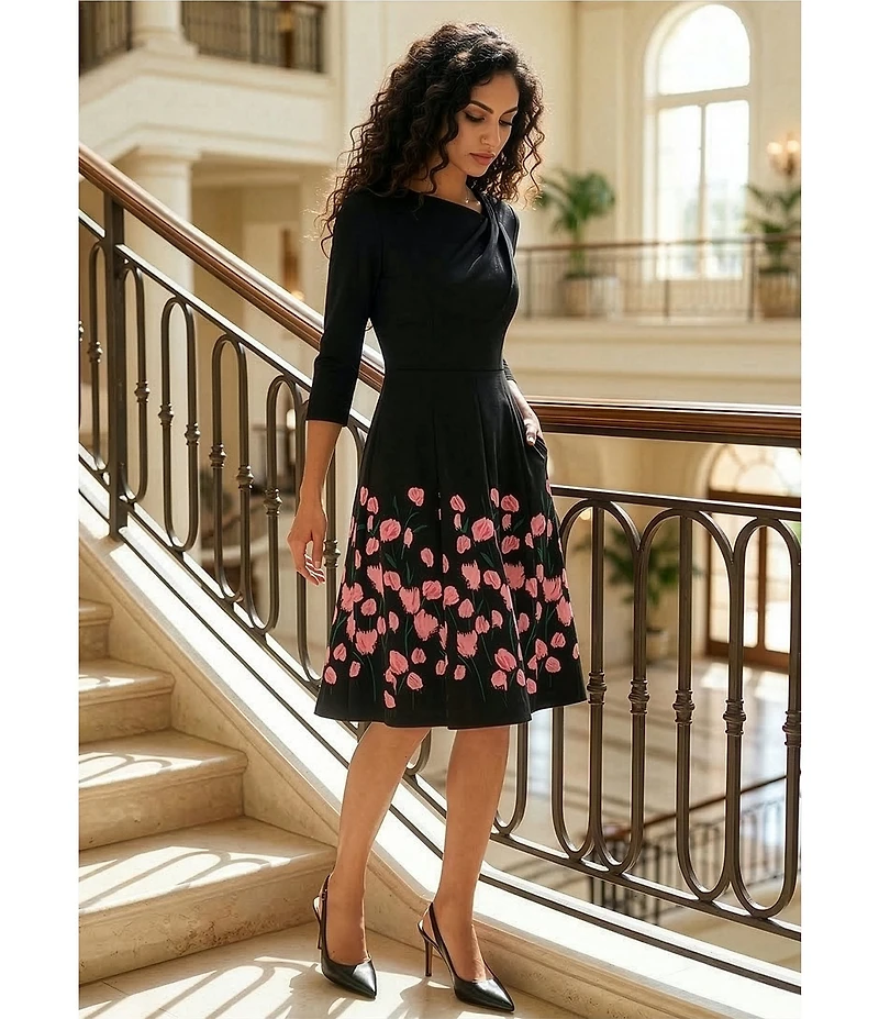 Investments Scuba Crepe Floral 3/4 Sleeve Asymmetrical Neck Fit and Flare Dress