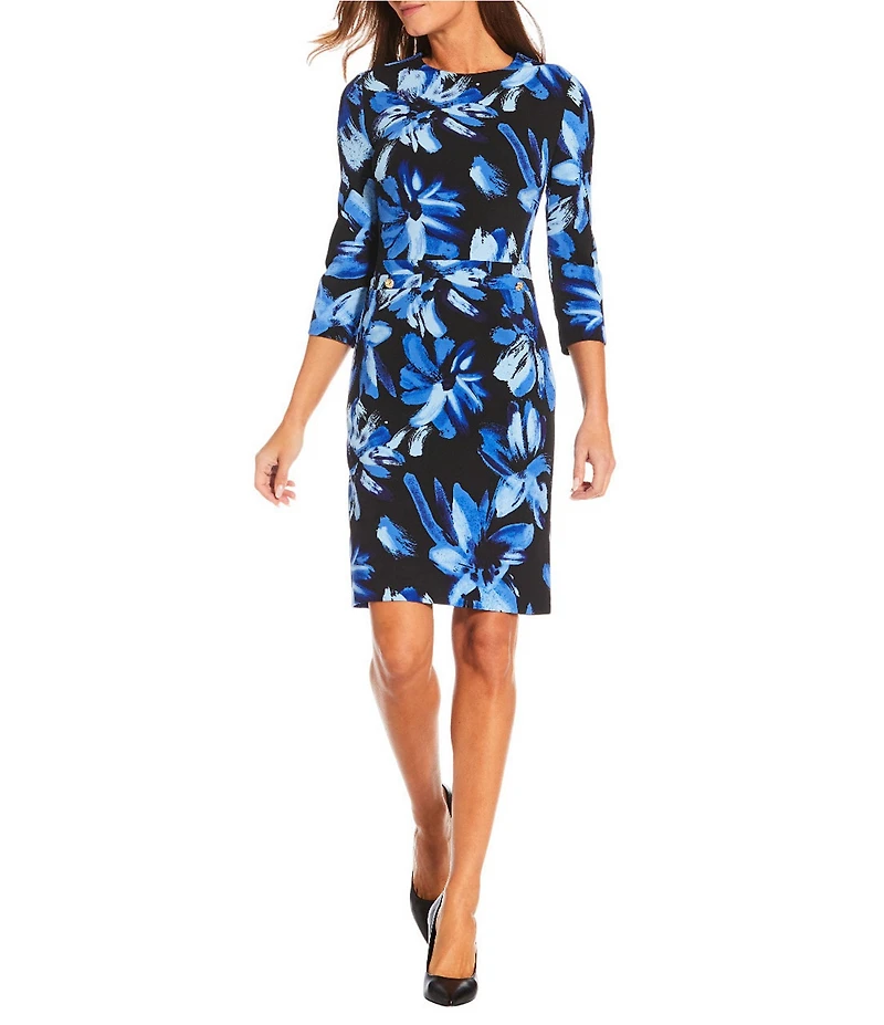 Investments Scuba Crepe Floral 3/4 Sleeve Crew Neck Sheath Dress