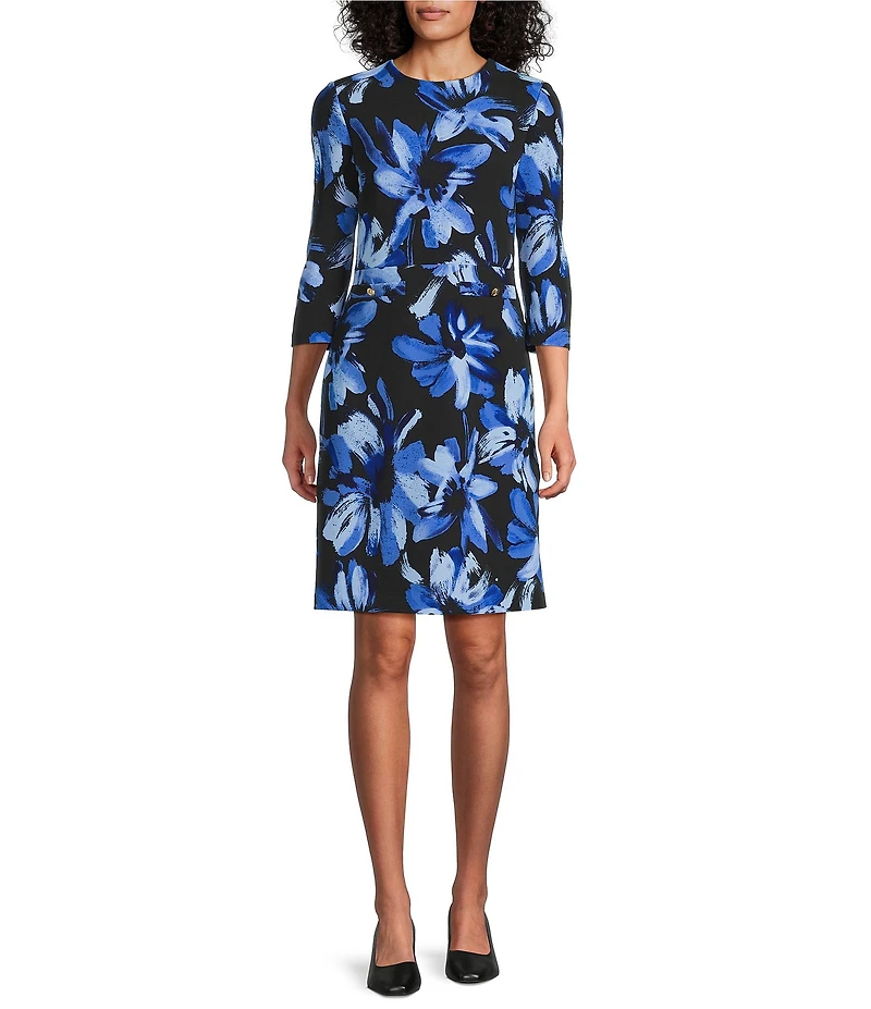 Investments Scuba Crepe Floral 3/4 Sleeve Crew Neck Sheath Dress