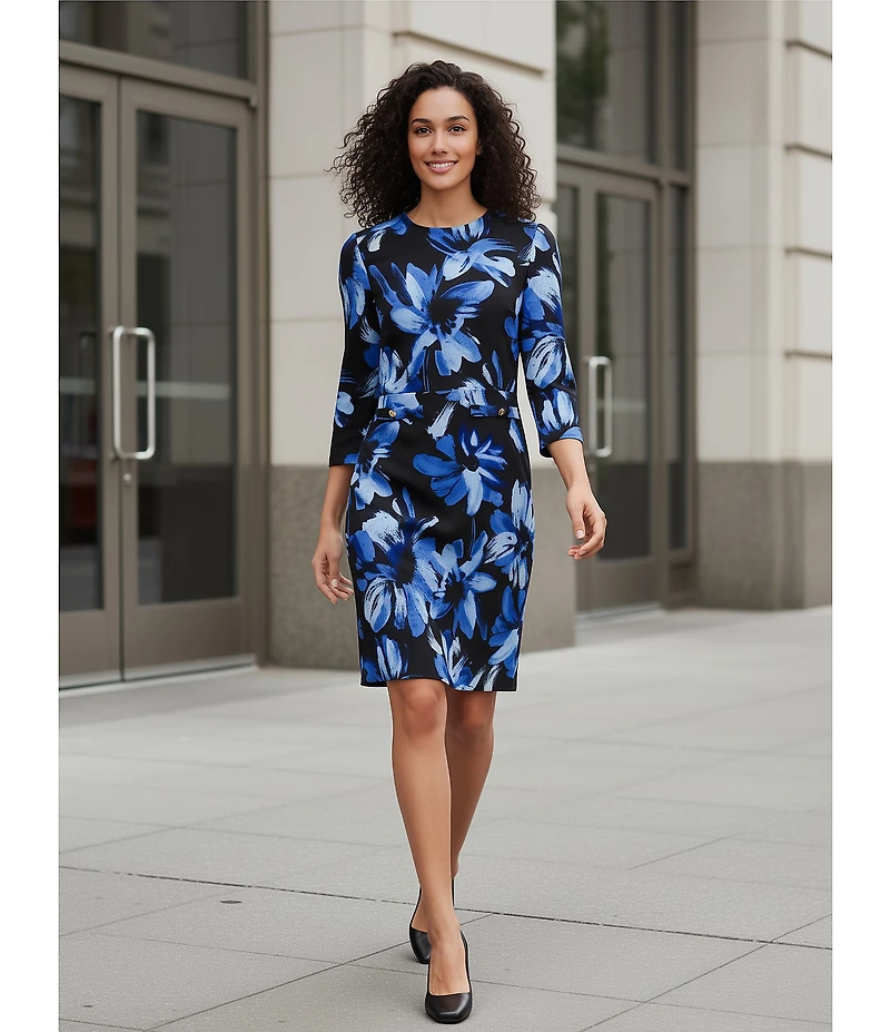 Investments Scuba Crepe Floral 3/4 Sleeve Crew Neck Sheath Dress
