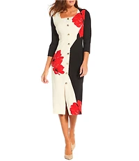 Investments Scuba Crepe Floral 3/4 Sleeve Faux Button Front Sheath Dress