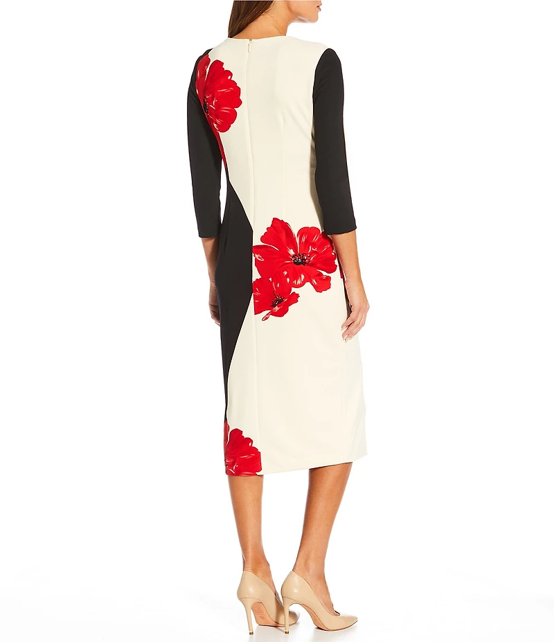 Investments Scuba Crepe Floral 3/4 Sleeve Faux Button Front Sheath Dress