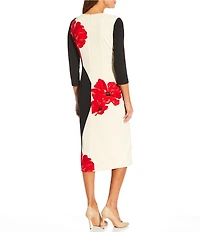 Investments Scuba Crepe Floral 3/4 Sleeve Faux Button Front Sheath Dress