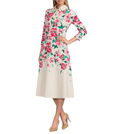 Investments Scuba Crepe Floral 3/4 Sleeve Point Collar Fit and Flare Midi Dress