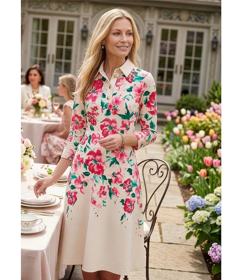 Investments Scuba Crepe Floral 3/4 Sleeve Point Collar Fit and Flare Midi Dress