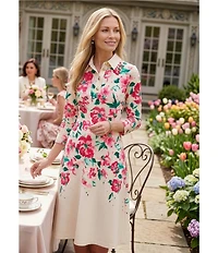 Investments Scuba Crepe Floral 3/4 Sleeve Point Collar Fit and Flare Midi Dress