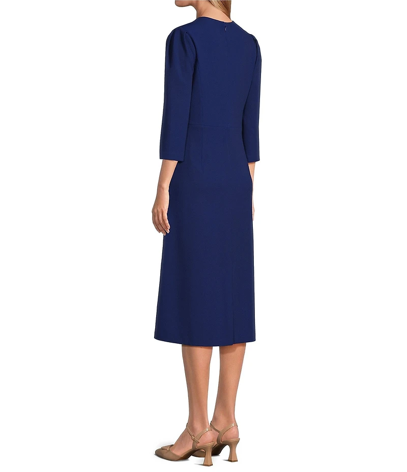 Investments Scuba Crepe Floral Bouquet 3/4 Sleeve Crew Neck Fit And Flare Midi Dress