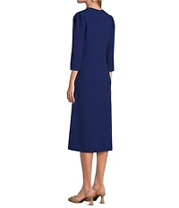 Investments Scuba Crepe Floral Bouquet 3/4 Sleeve Crew Neck Fit And Flare Midi Dress