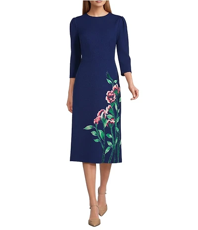 Investments Scuba Crepe Floral Bouquet 3/4 Sleeve Crew Neck Fit And Flare Midi Dress