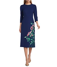 Investments Scuba Crepe Floral Bouquet 3/4 Sleeve Crew Neck Fit And Flare Midi Dress