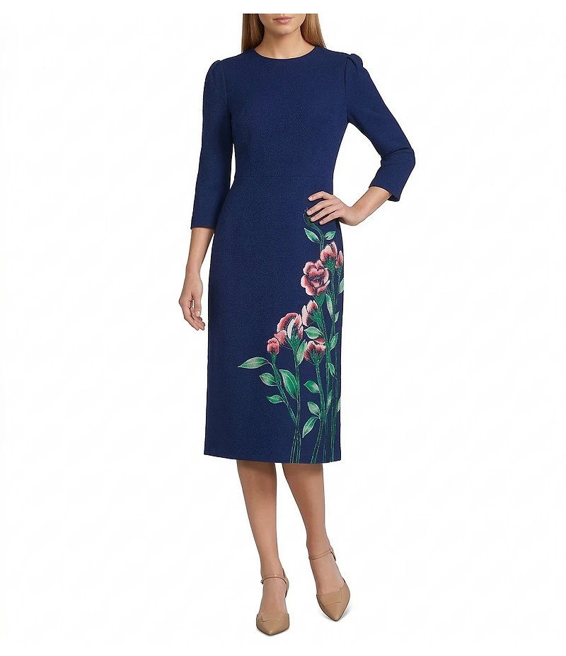 Investments Scuba Crepe Floral Bouquet 3/4 Sleeve Crew Neck Fit And Flare Midi Dress