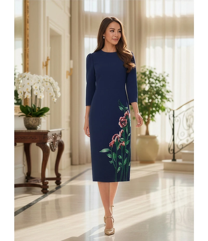 Investments Scuba Crepe Floral Bouquet 3/4 Sleeve Crew Neck Fit And Flare Midi Dress