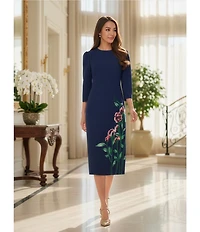 Investments Scuba Crepe Floral Bouquet 3/4 Sleeve Crew Neck Fit And Flare Midi Dress