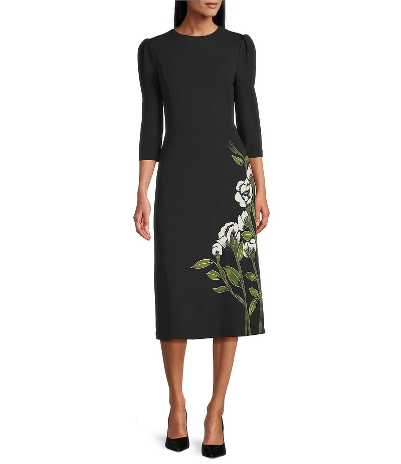Investments Scuba Crepe Floral Bouquet 3/4 Sleeve Fit And Flare Dress
