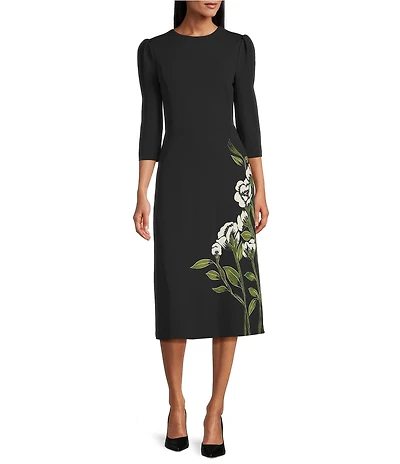 Investments Scuba Crepe Floral Bouquet 3/4 Sleeve Fit And Flare Dress