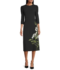 Investments Scuba Crepe Floral Bouquet 3/4 Sleeve Fit And Flare Dress