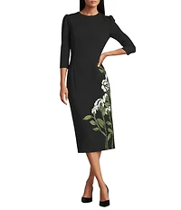 Investments Scuba Crepe Floral Bouquet 3/4 Sleeve Fit And Flare Dress