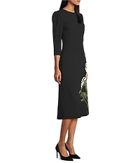 Investments Scuba Crepe Floral Bouquet 3/4 Sleeve Fit And Flare Dress