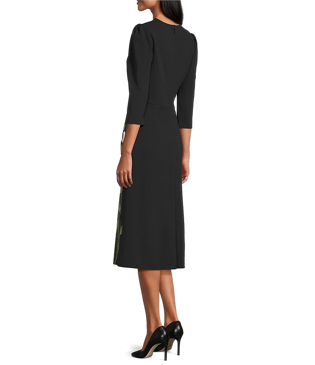 Investments Scuba Crepe Floral Bouquet 3/4 Sleeve Fit And Flare Midi Dress  | Liberty Center
