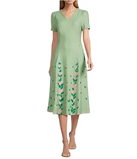 Investments Scuba Crepe Floral Short Sleeve Fit and Flare V-Neck Midi Dress