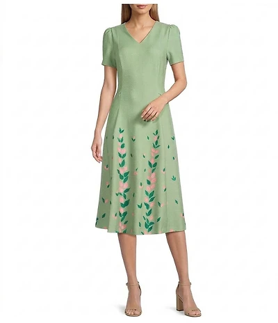 Investments Scuba Crepe Floral Short Sleeve Fit and Flare V-Neck Midi Dress