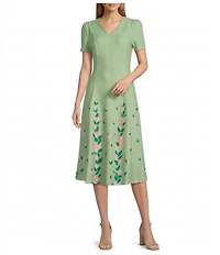 Investments Scuba Crepe Floral Short Sleeve Fit and Flare V-Neck Midi Dress