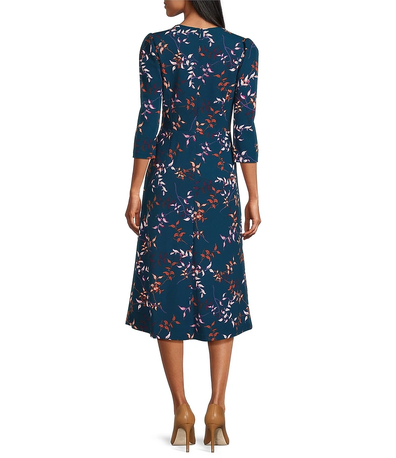 Investments Scuba Crepe Floral Vines 3/4 Sleeve Fit and Flare Dress