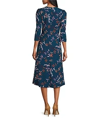 Investments Scuba Crepe Floral Vines 3/4 Sleeve Fit and Flare Dress
