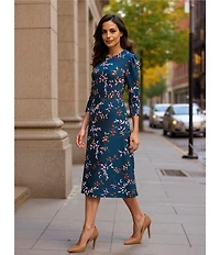 Investments Scuba Crepe Floral Vines 3/4 Sleeve Fit and Flare Dress