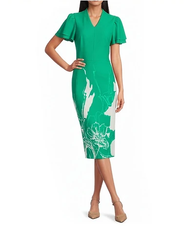 Investments Scuba Crepe Green Sketch Floral Short Ruffle Sleeve V-Neck Sheath Dress