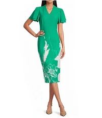 Investments Scuba Crepe Green Sketch Floral Short Ruffle Sleeve V-Neck Sheath Dress