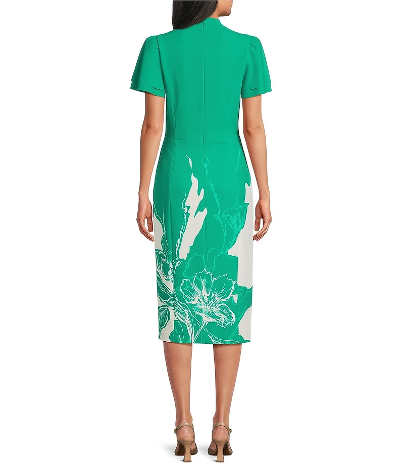 Investments Scuba Crepe Green Sketch Floral Short Ruffle Sleeve V-Neck Sheath Dress