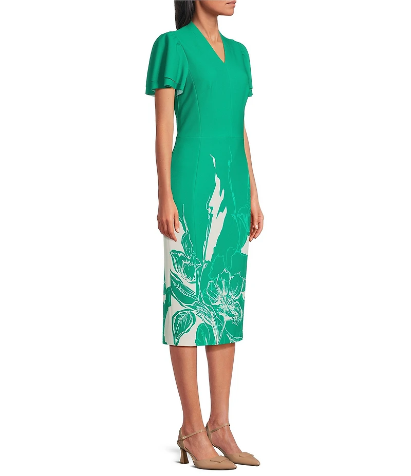 Investments Scuba Crepe Green Sketch Floral Short Ruffle Sleeve V-Neck Sheath Dress