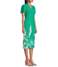 Investments Scuba Crepe Green Sketch Floral Short Ruffle Sleeve V-Neck Sheath Dress