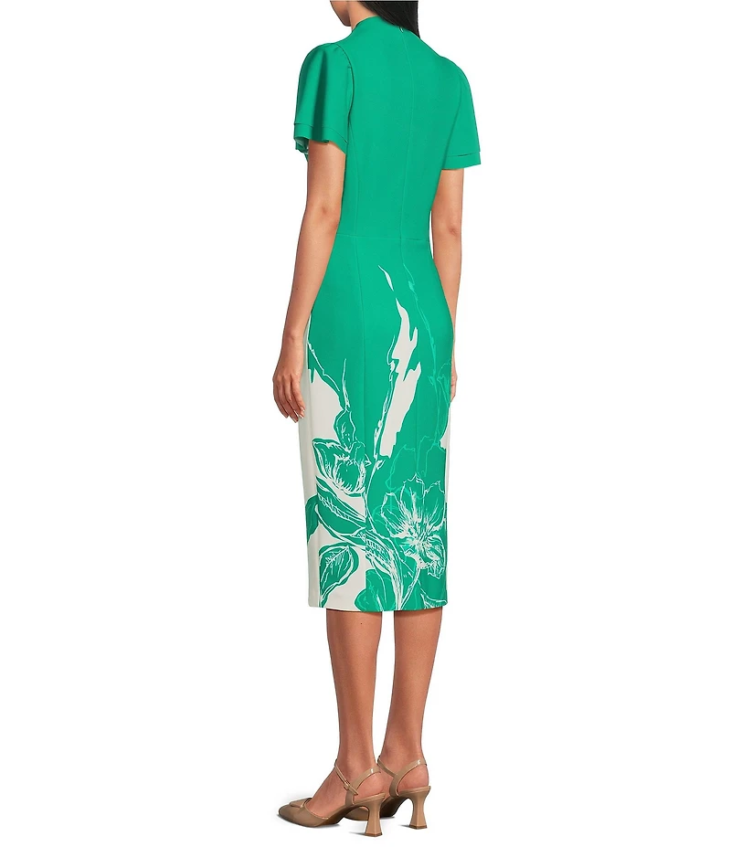 Investments Scuba Crepe Green Sketch Floral Short Ruffle Sleeve V-Neck Sheath Dress