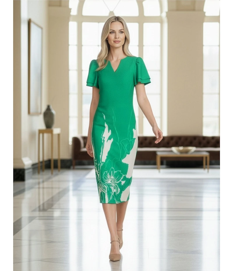 Investments Scuba Crepe Green Sketch Floral Short Ruffle Sleeve V-Neck Sheath Dress