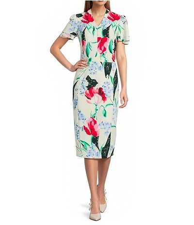 Investments Scuba Crepe Ivory Multi Garden Short Ruffle Sleeve V-Neck Sheath Dress