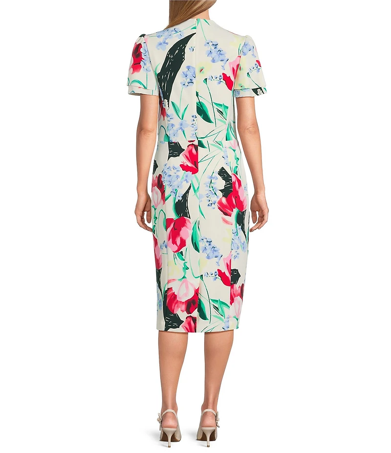 Investments Scuba Crepe Ivory Multi Garden Short Ruffle Sleeve V-Neck Sheath Dress