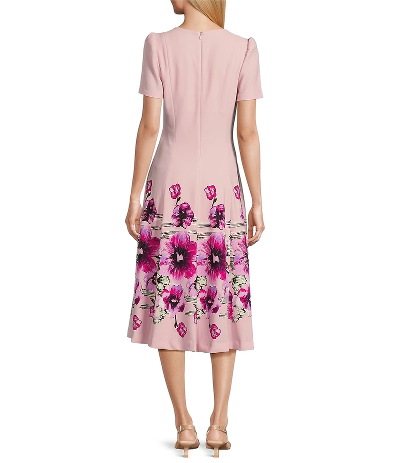 Investments Scuba Crepe Lilac Floral Border Short Sleeve Fit and Flare V-Neck Midi Dress