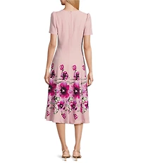 Investments Scuba Crepe Lilac Floral Border Short Sleeve Fit and Flare V-Neck Midi Dress