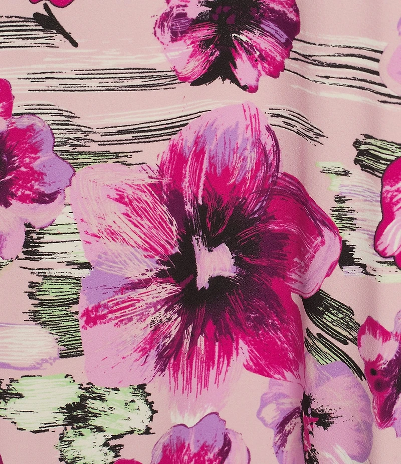 Investments Scuba Crepe Lilac Floral Border Short Sleeve Fit and Flare V-Neck Midi Dress