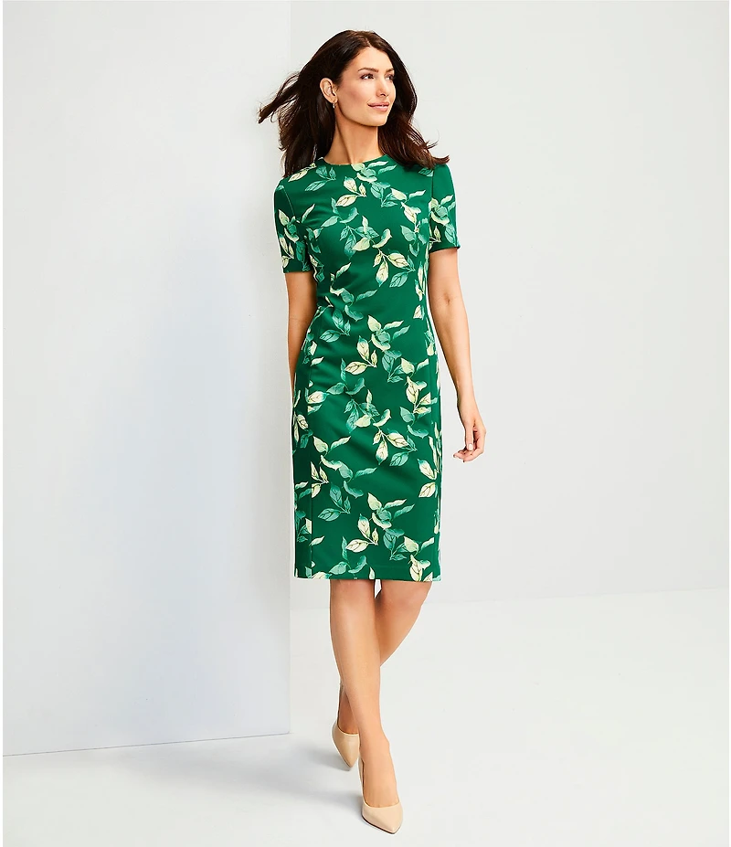 Investments Scuba Crepe Meadow Leaf Short Sleeve Sheath Dress