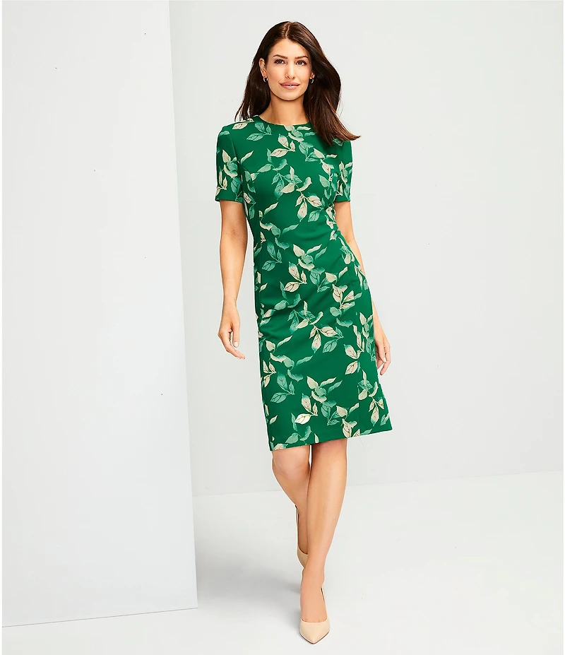 Investments Scuba Crepe Meadow Leaf Short Sleeve Sheath Dress